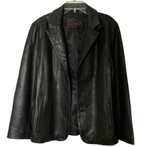 Siena G-III Black Leather Blazer Jacket Womens Size 14 Three Button Lined Coat